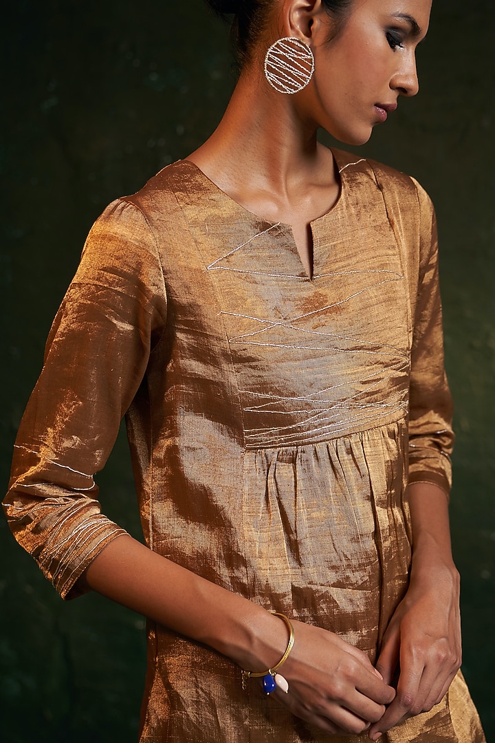 Gold Silk Tissue Dori Embroidered Kurta Set by Charkhee at Pernia's Pop Up Shop