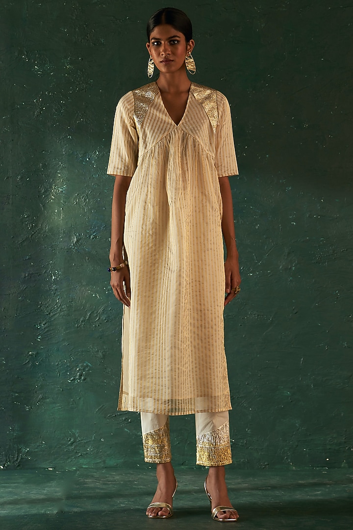 Ivory Silk Tissue Gota Kurta Set by Charkhee at Pernia's Pop Up Shop