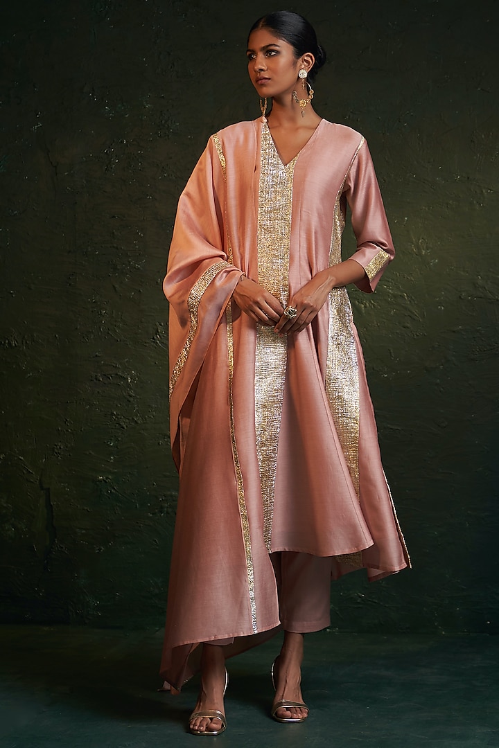 Rose Pink Chanderi Gota Party Wear Anarkali Set by Charkhee at Pernia's Pop Up Shop