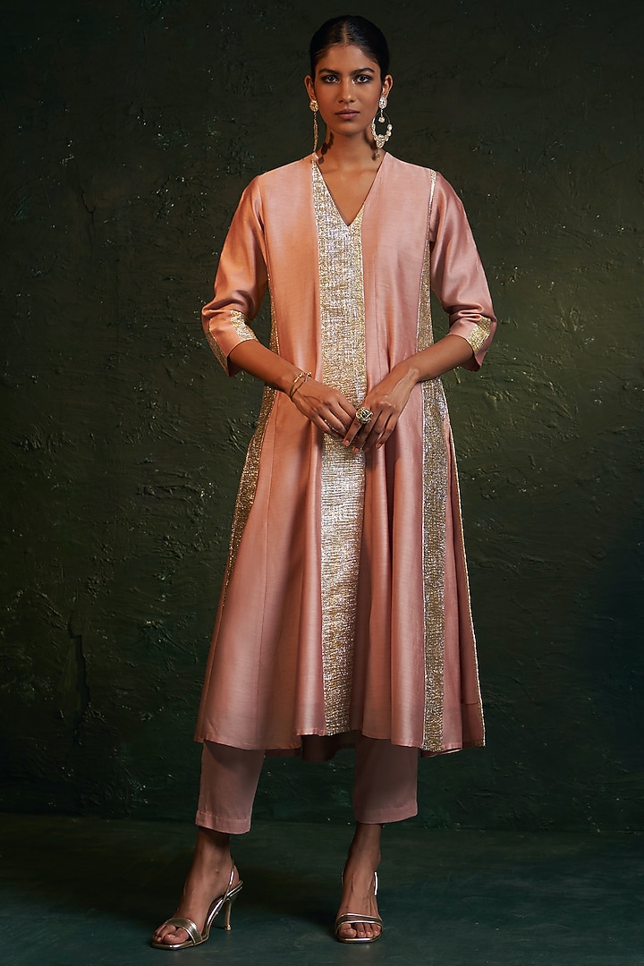 Rose Pink Chanderi Gota Party Wear Anarkali Set by Charkhee at Pernia's Pop Up Shop