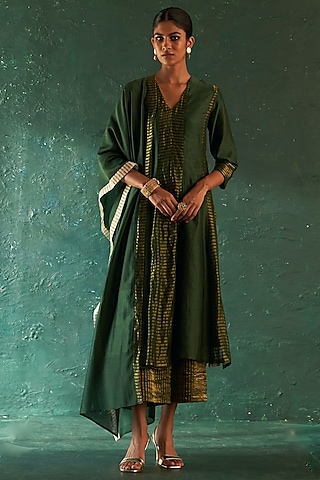Deep Green Chanderi & Tissue Anarkali Set by Charkhee