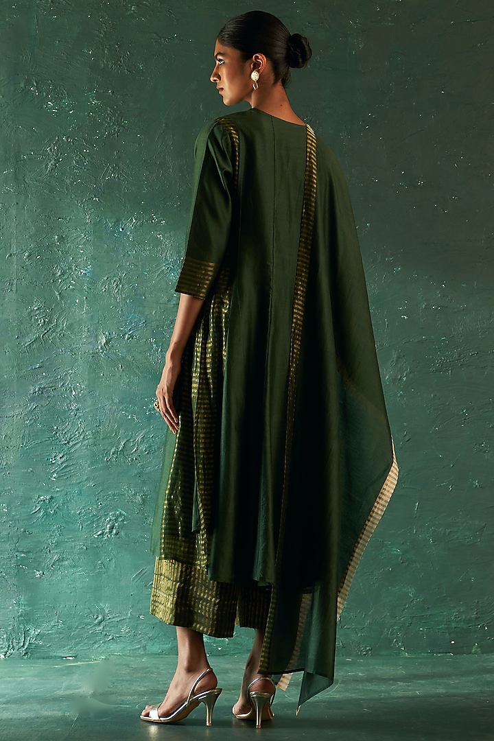 Deep Green Chanderi & Tissue Party Wear Anarkali Set by Charkhee at Pernia's Pop Up Shop