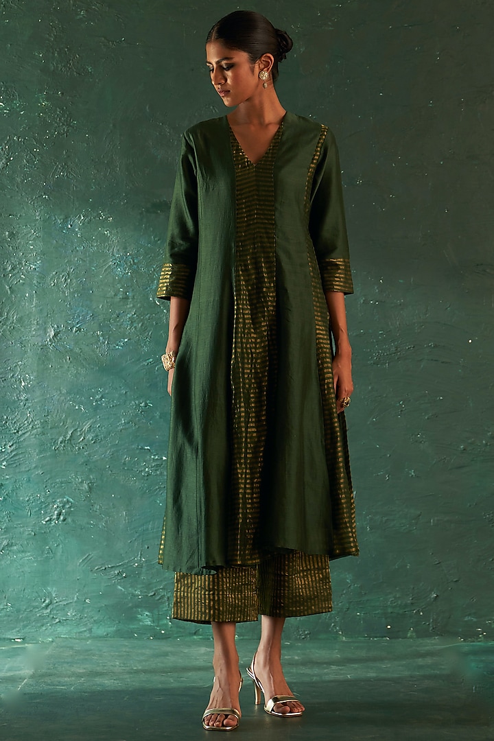 Deep Green Chanderi & Tissue Party Wear Anarkali Set by Charkhee at Pernia's Pop Up Shop
