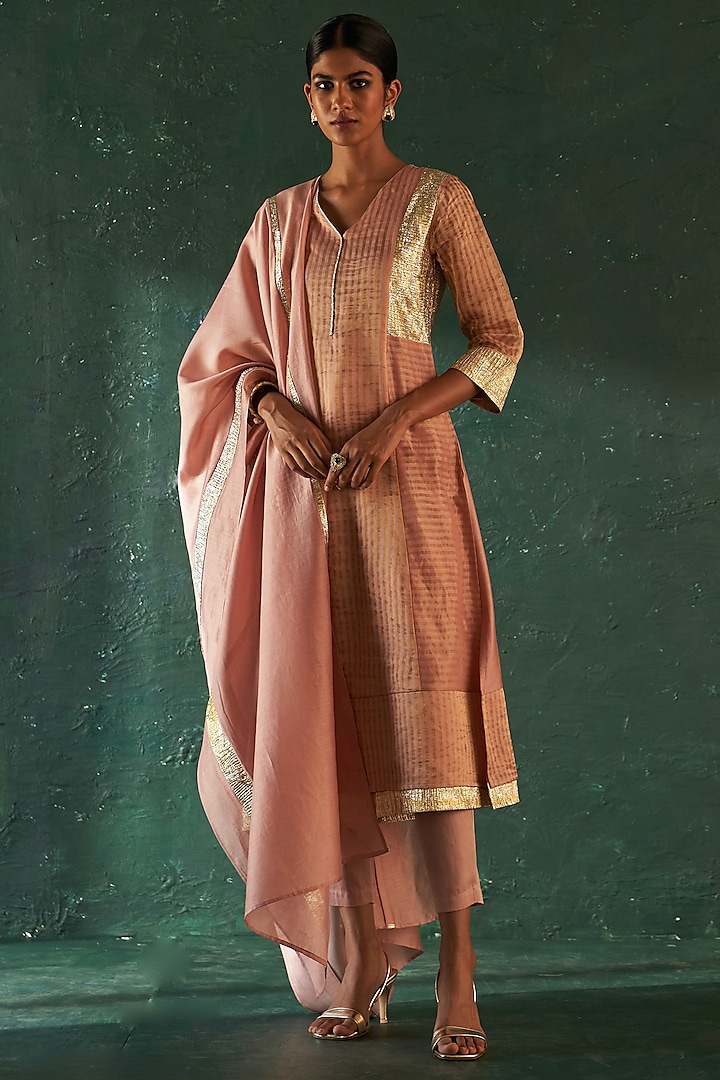 Rose Pink Silk Tissue Gota Kurta Set by Charkhee at Pernia's Pop Up Shop