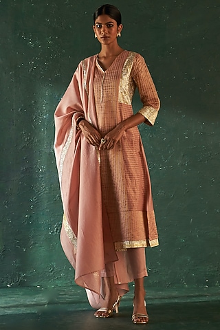 Rose Pink Silk Tissue Gota Kurta Set by Charkhee