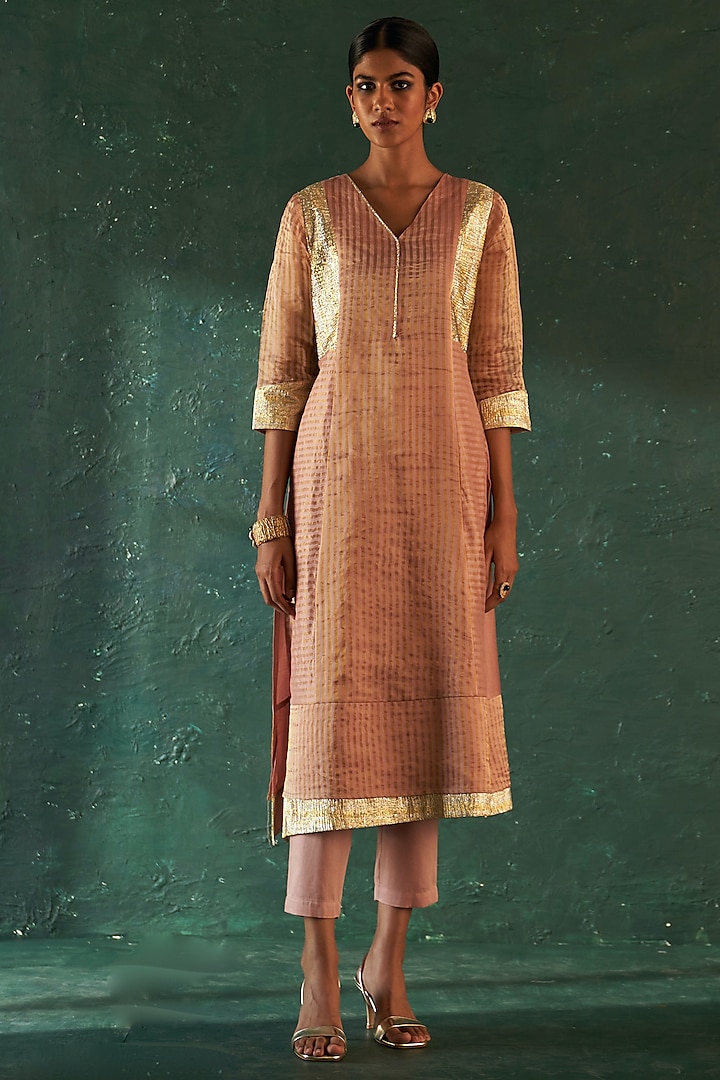 Rose Pink Silk Tissue Gota Kurta Set by Charkhee at Pernia's Pop Up Shop