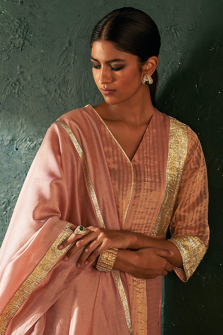 Rose Pink Silk Tissue Gota Kurta Set by Charkhee at Pernia's Pop Up Shop