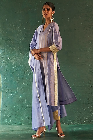 Lavender Silk Tissue Gota Striped Kurta Set by Charkhee