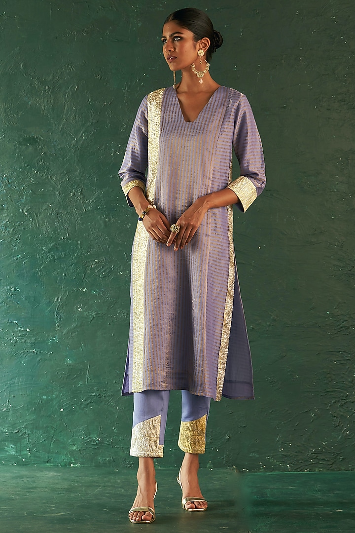 Lavender Silk Tissue Gota Striped Kurta Set by Charkhee at Pernia's Pop Up Shop
