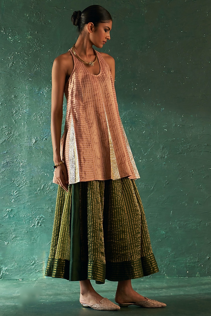 Rose Pink Silk Tissue Gota Striped Kurta Set by Charkhee at Pernia's Pop Up Shop