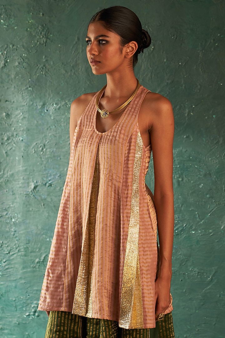 Rose Pink Silk Tissue Gota Striped Kurta Set by Charkhee at Pernia's Pop Up Shop
