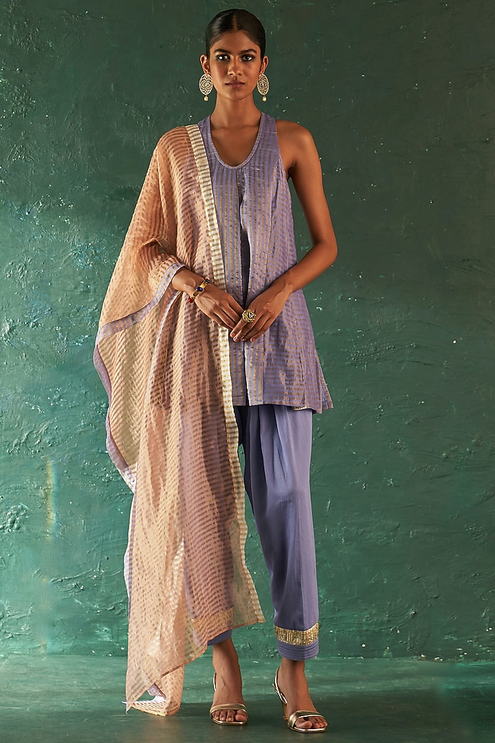 Lavender Silk Tissue Gota Striped Kurta Set by Charkhee at Pernia's Pop Up Shop