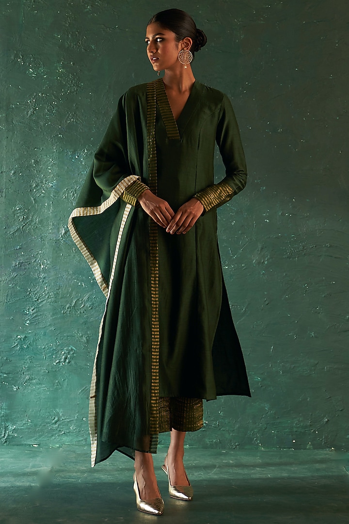 Deep Green Chanderi Striped Straight Kurta Set by Charkhee