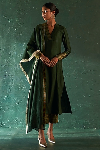 Deep Green Chanderi Striped Straight Kurta Set by Charkhee