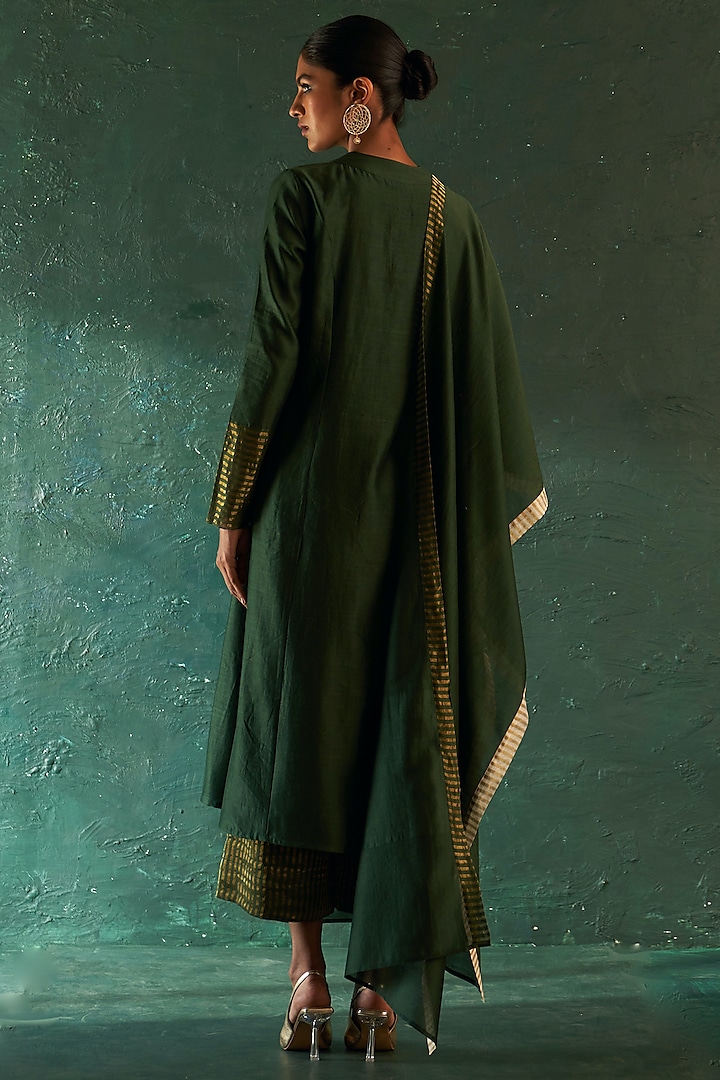 Deep Green Chanderi Striped Straight Kurta Set by Charkhee at Pernia's Pop Up Shop