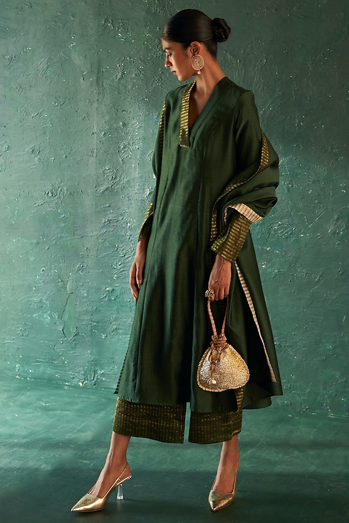 Deep Green Chanderi Striped Straight Kurta Set by Charkhee at Pernia's Pop Up Shop