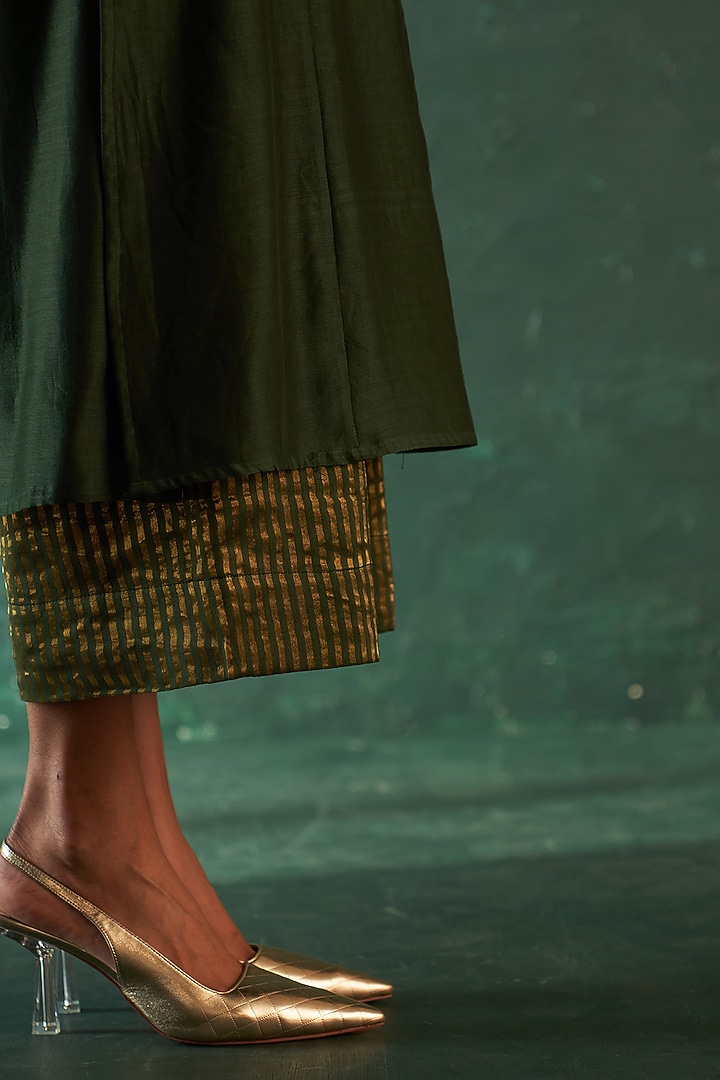 Deep Green Chanderi Striped Straight Kurta Set by Charkhee at Pernia's Pop Up Shop
