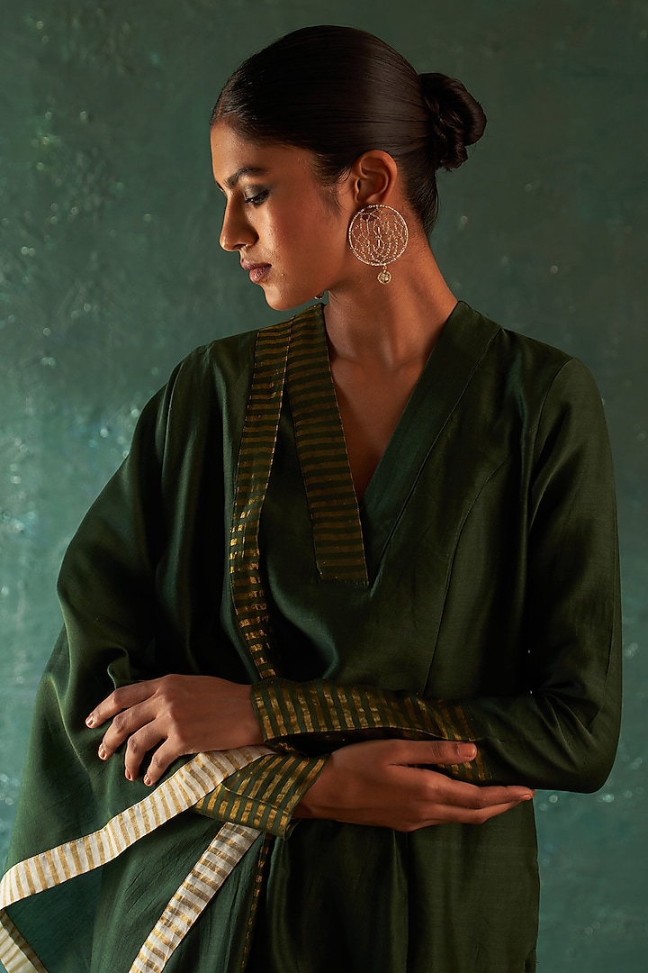 Deep Green Chanderi Striped Straight Kurta Set by Charkhee at Pernia's Pop Up Shop