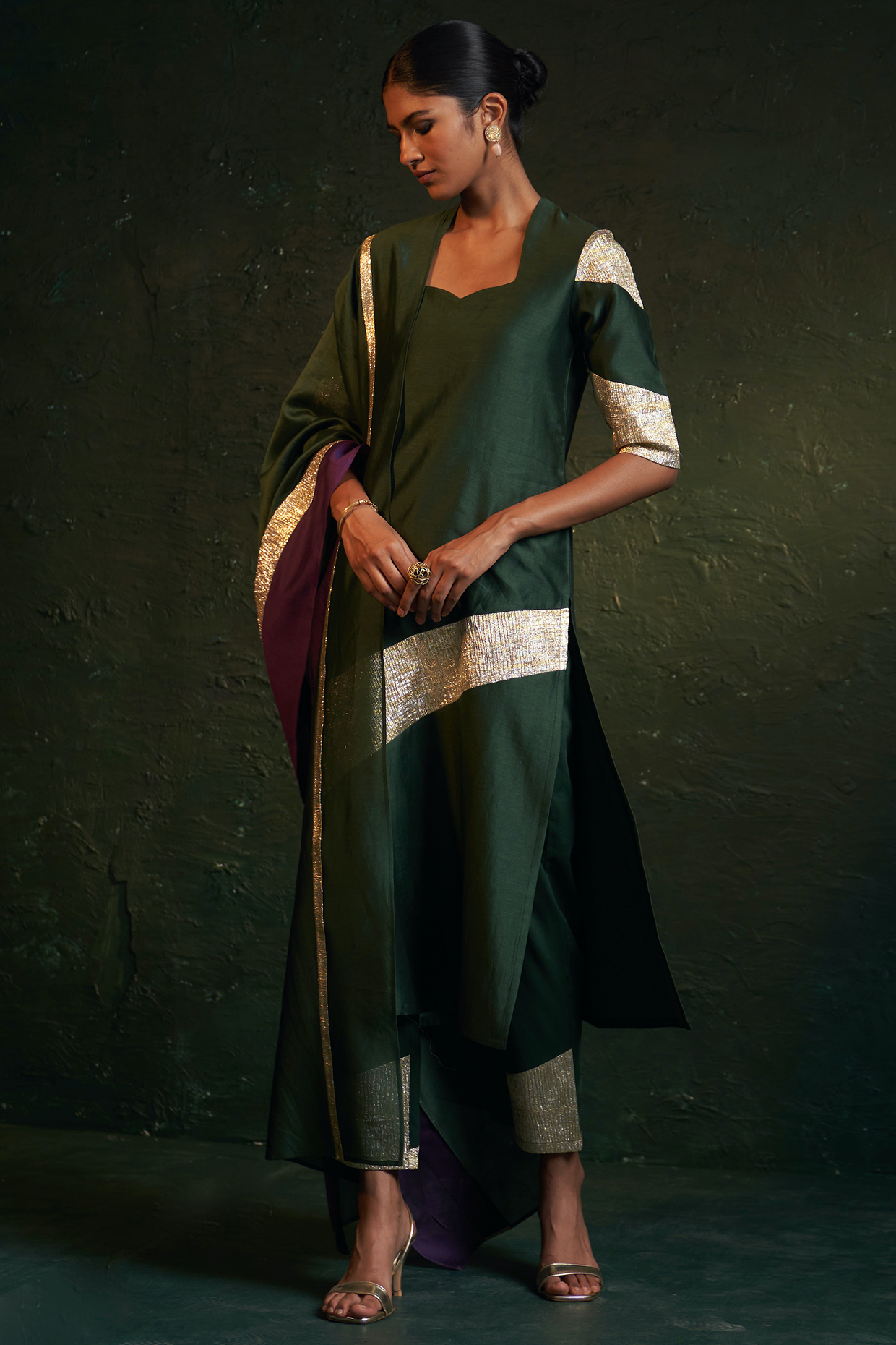 Deep Green Chanderi Gota A-Line Kurta Set by Charkhee at Pernia's Pop Up Shop