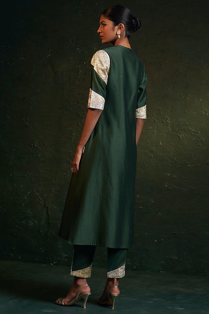 Deep Green Chanderi Gota A-Line Kurta Set by Charkhee at Pernia's Pop Up Shop