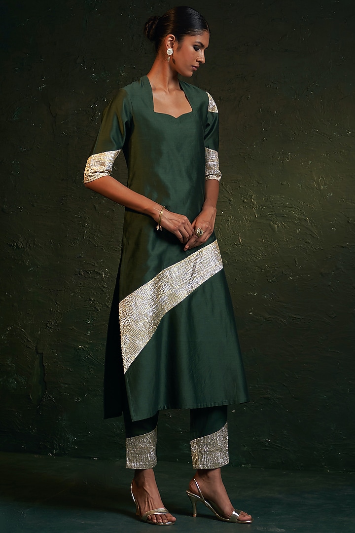 Deep Green Chanderi Gota A-Line Kurta Set by Charkhee at Pernia's Pop Up Shop