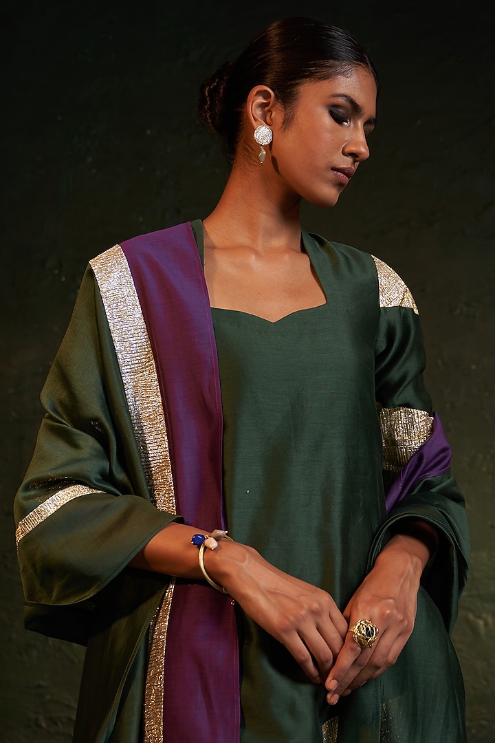 Deep Green Chanderi Gota A-Line Kurta Set by Charkhee at Pernia's Pop Up Shop