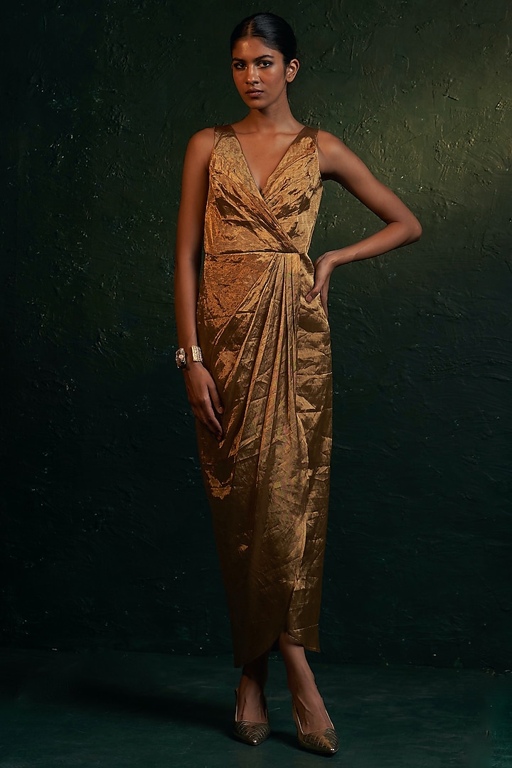 Gold Silk Tissue Draped Dress by Charkhee