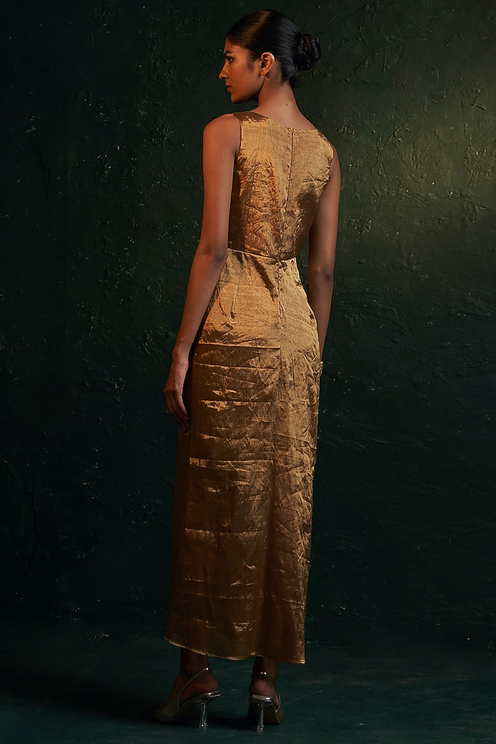 Gold Silk Tissue Draped Vacation Dress by Charkhee at Pernia's Pop Up Shop