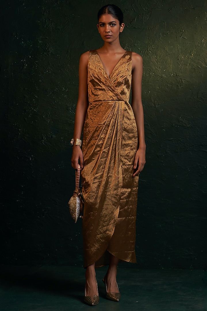 Gold Silk Tissue Draped Vacation Dress by Charkhee at Pernia's Pop Up Shop