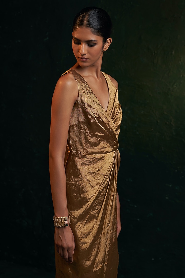 Gold Silk Tissue Draped Vacation Dress by Charkhee at Pernia's Pop Up Shop