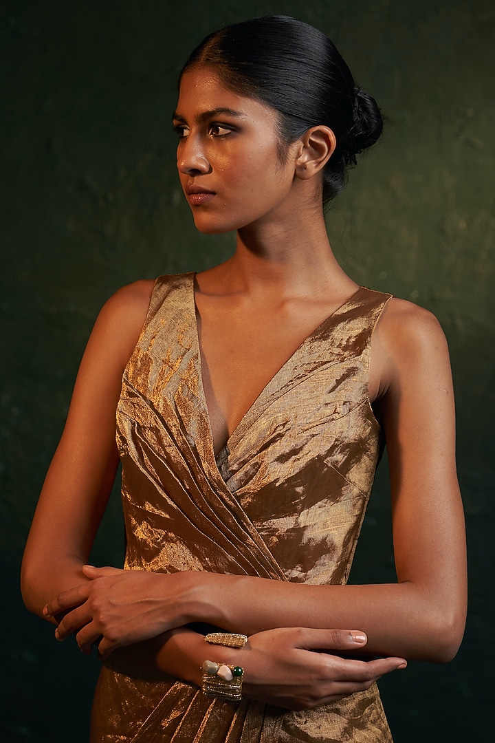 Gold Silk Tissue Draped Vacation Dress by Charkhee at Pernia's Pop Up Shop