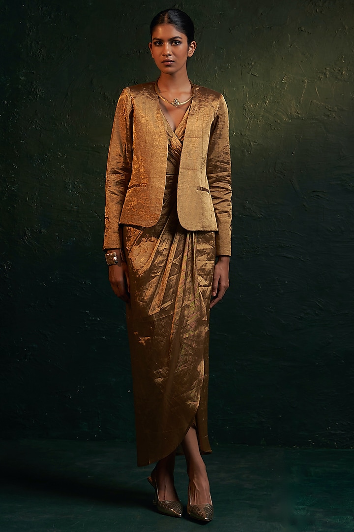 Gold Silk Tissue Draped Jacket Dress by Charkhee