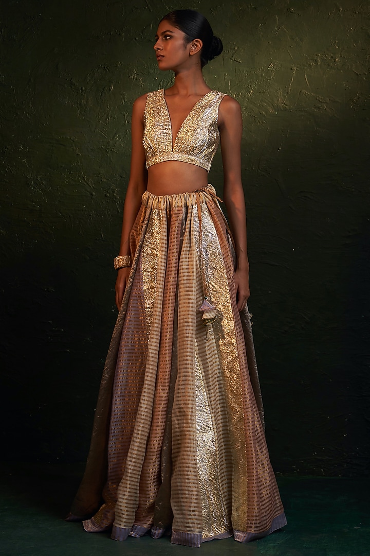 Multi-Colored Silk Tissue Gota Embroidered Wedding Lehenga Set by Charkhee at Pernia's Pop Up Shop