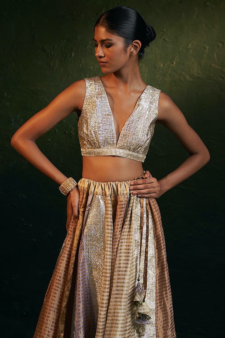 Multi-Colored Silk Tissue Gota Embroidered Wedding Lehenga Set by Charkhee at Pernia's Pop Up Shop