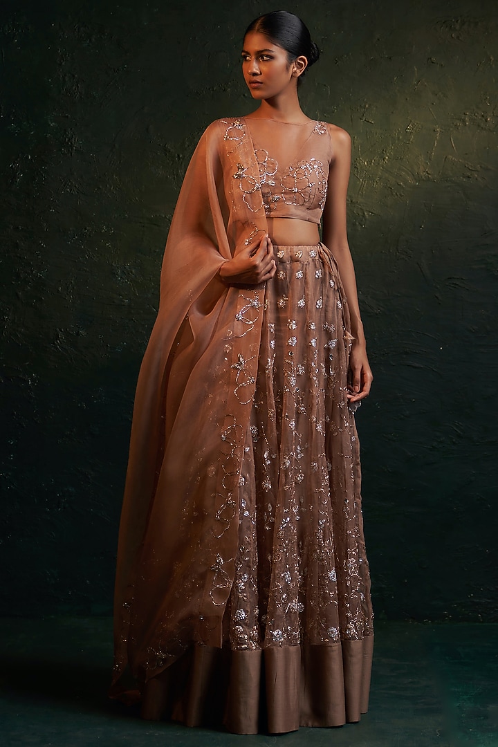 Brown Organza Tassel Embroidered Wedding Lehenga Set by Charkhee at Pernia's Pop Up Shop