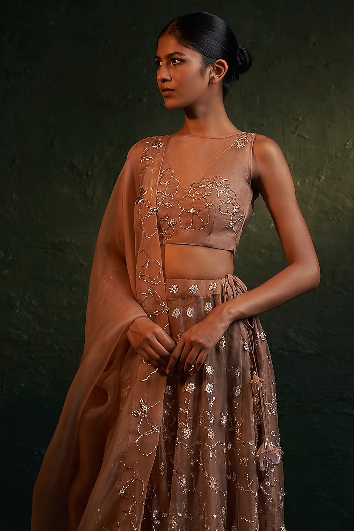 Brown Organza Tassel Embroidered Wedding Lehenga Set by Charkhee at Pernia's Pop Up Shop