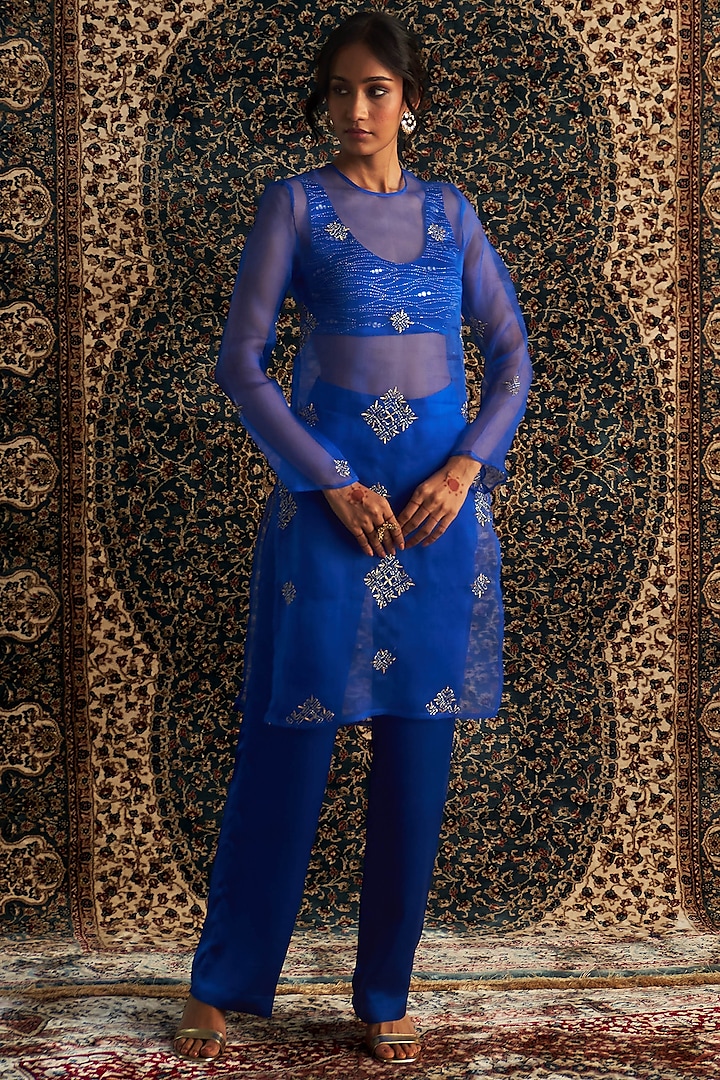 Blue Organza Zari Embroidered Sheer Kurta Set by Charkhee at Pernia's Pop Up Shop