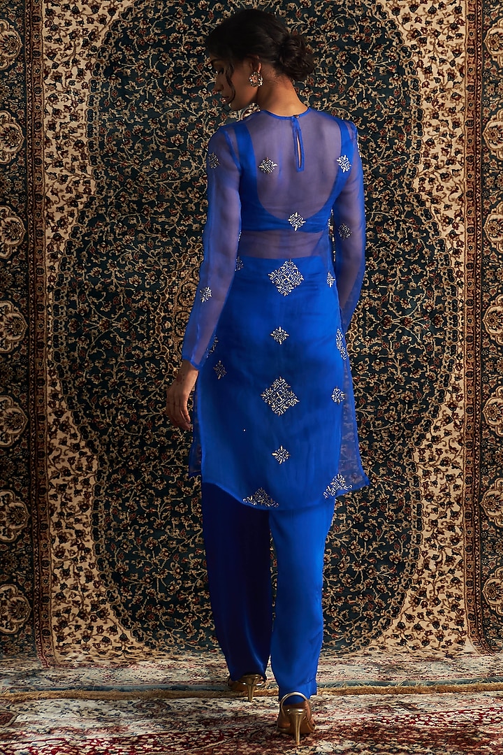 Blue Organza Zari Embroidered Sheer Kurta Set by Charkhee at Pernia's Pop Up Shop