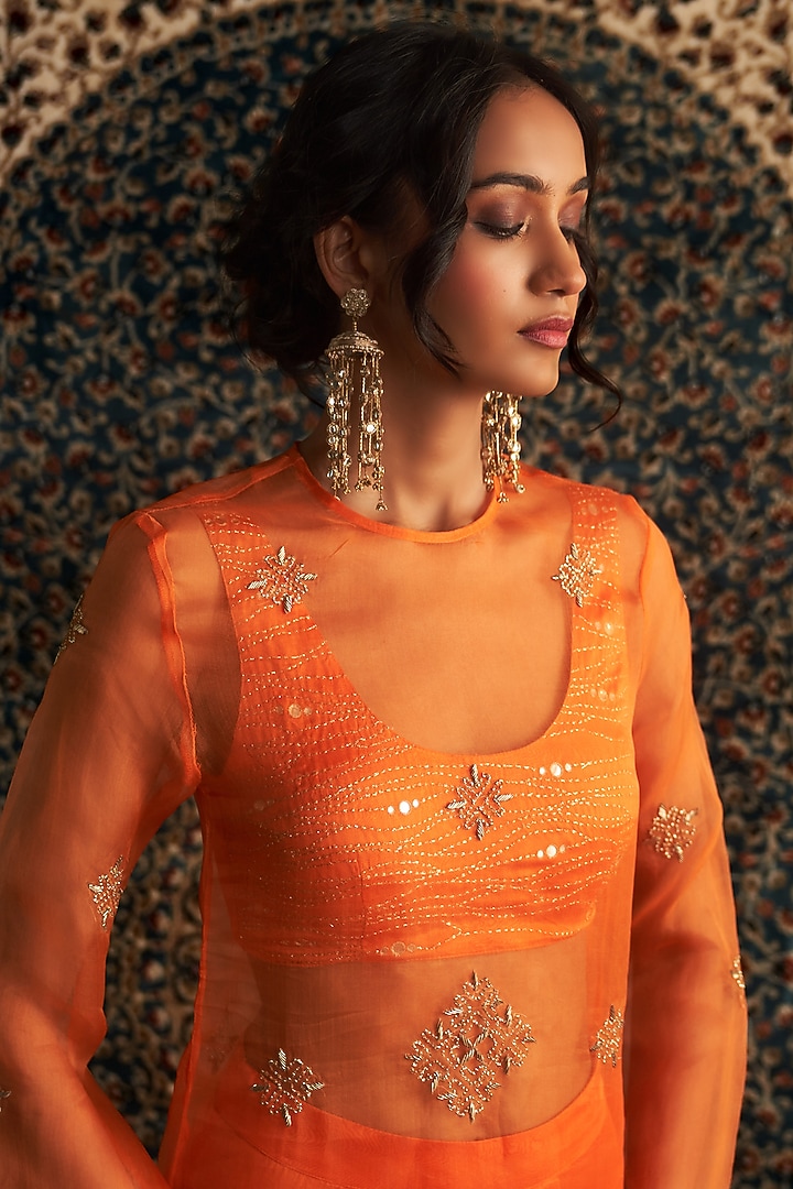 Saffron Organza Zari Embroidered Sheer Kurta Set by Charkhee at Pernia's Pop Up Shop