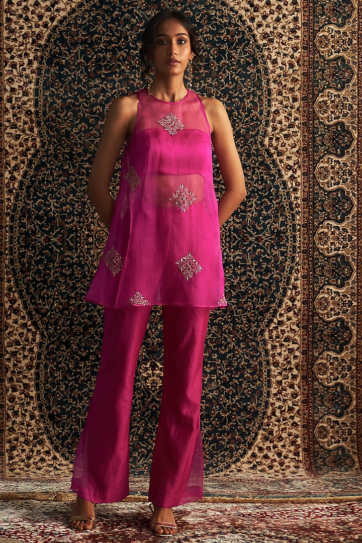 Rani Pink Organza Zari Embroidered A-Line Sheer Kurta Set by Charkhee