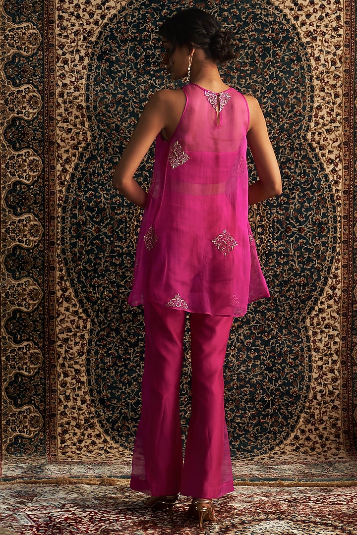 Rani Pink Organza Zari Embroidered A-Line Sheer Kurta Set by Charkhee at Pernia's Pop Up Shop