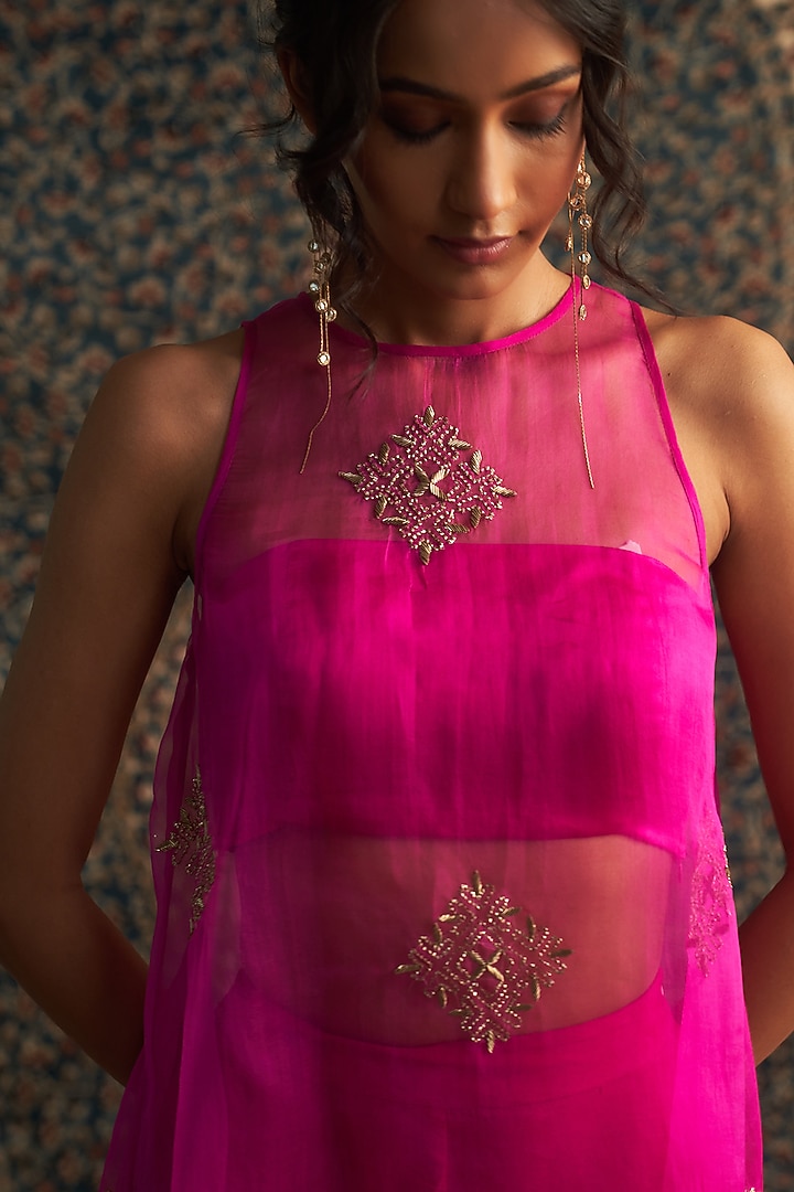 Rani Pink Organza Zari Embroidered A-Line Sheer Kurta Set by Charkhee at Pernia's Pop Up Shop
