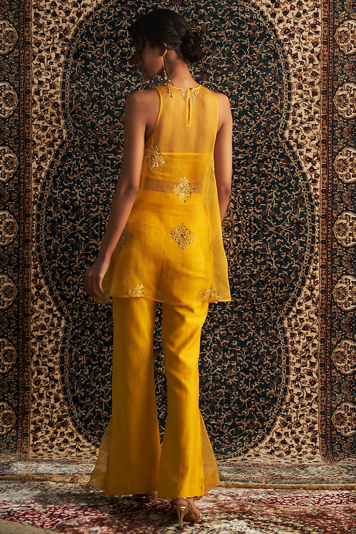 Marigold Yellow Organza Zari Embroidered A-Line Sheer Kurta Set by Charkhee at Pernia's Pop Up Shop