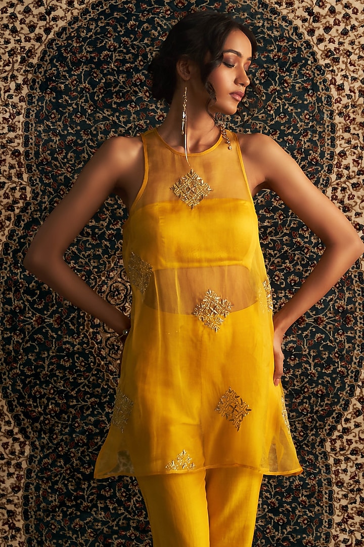 Marigold Yellow Organza Zari Embroidered A-Line Sheer Kurta Set by Charkhee at Pernia's Pop Up Shop