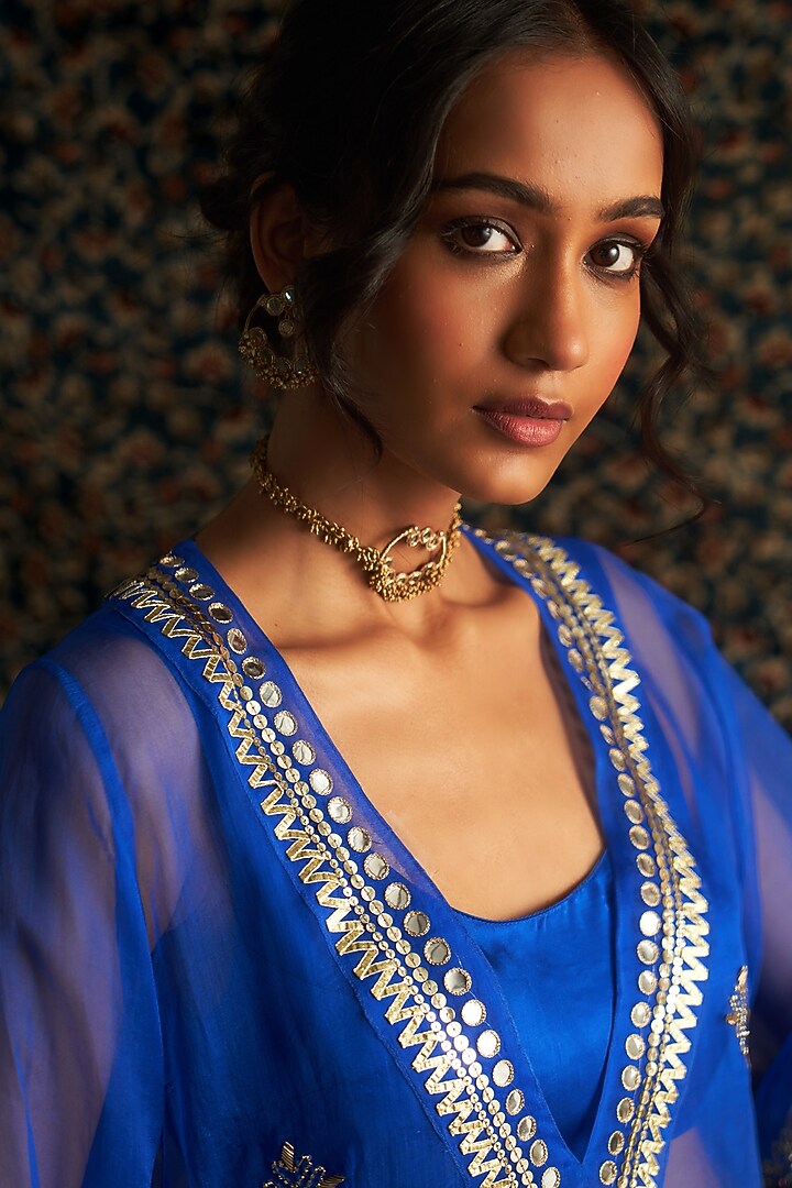 Blue Organza Hand Embroidered Sheer Overlay Kurta Set by Charkhee at Pernia's Pop Up Shop