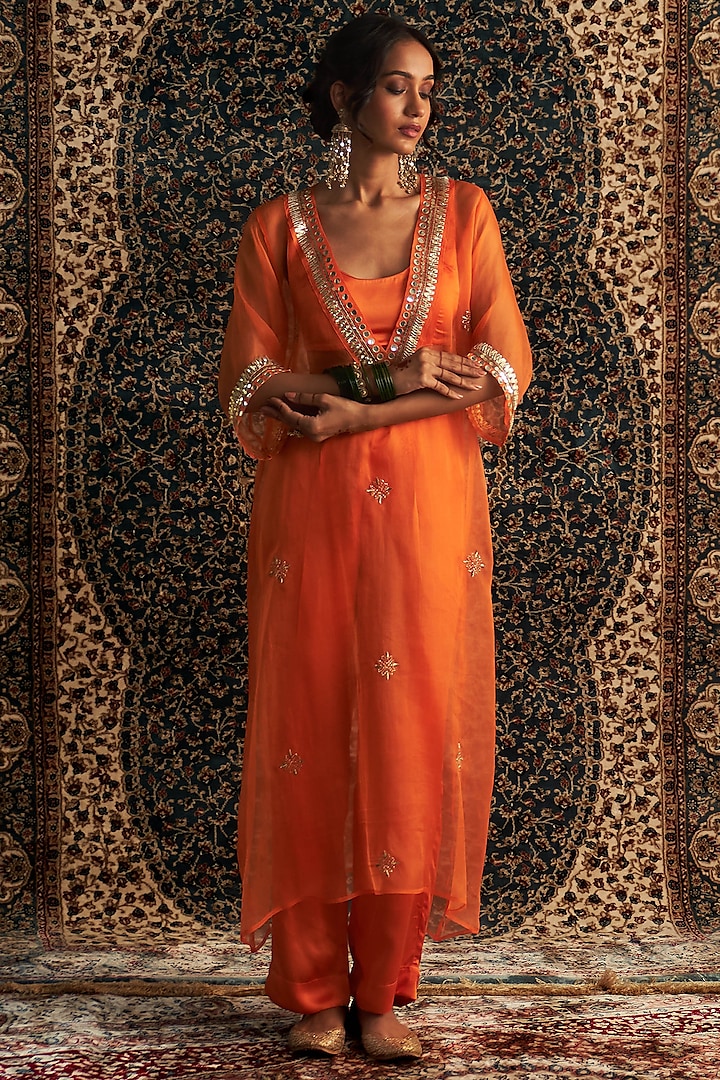 Saffron Organza Hand Embroidered Sheer Overlay Kurta Set by Charkhee