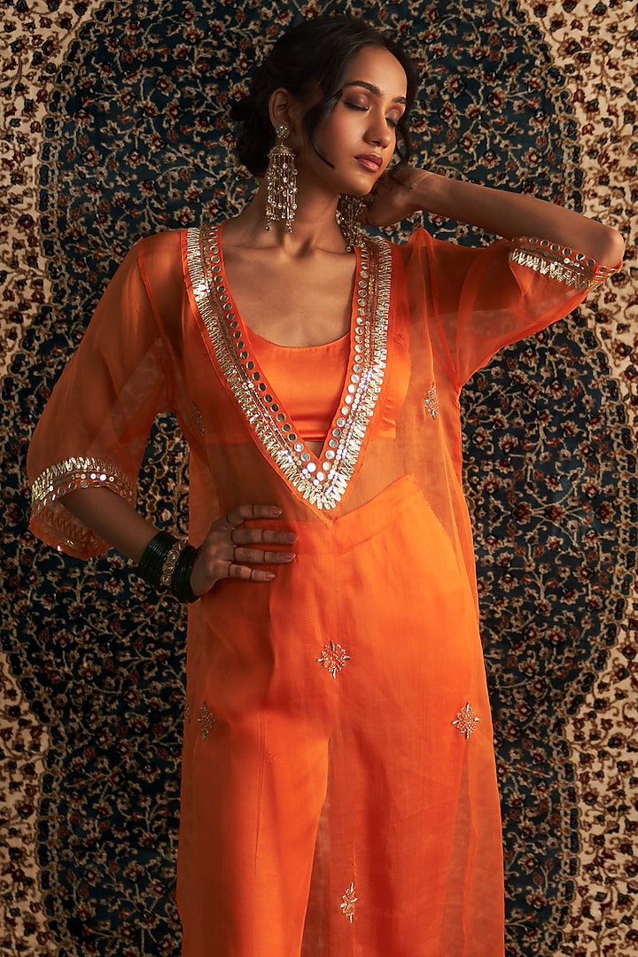 Saffron Organza Hand Embroidered Sheer Overlay Kurta Set by Charkhee at Pernia's Pop Up Shop