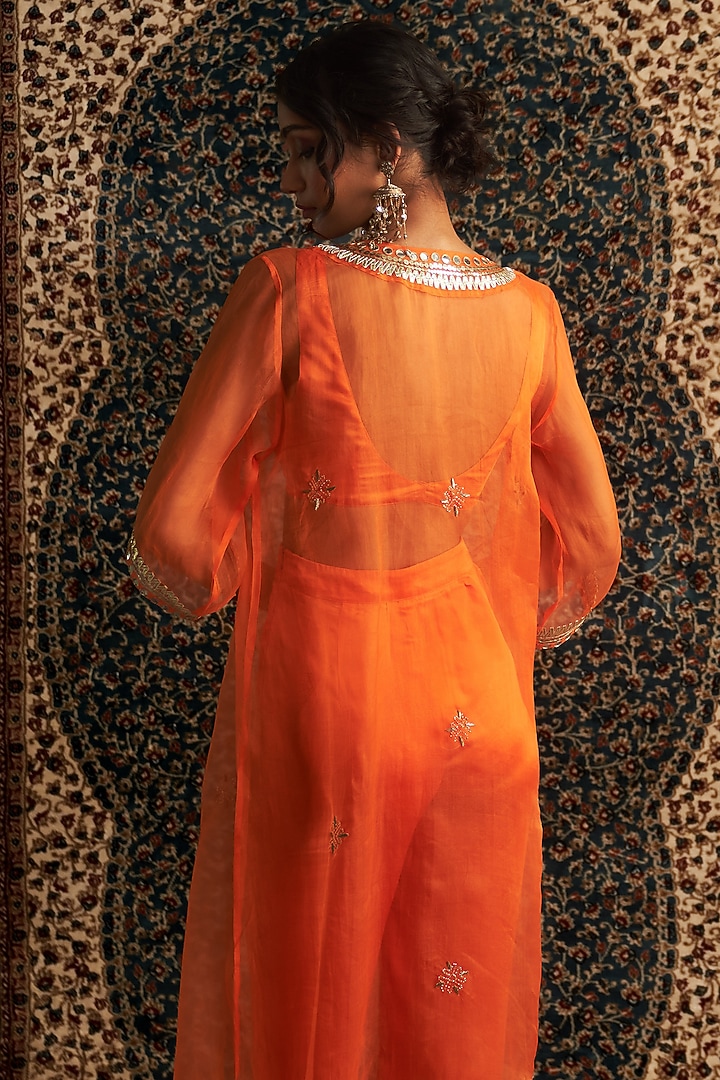 Saffron Organza Hand Embroidered Sheer Overlay Kurta Set by Charkhee at Pernia's Pop Up Shop