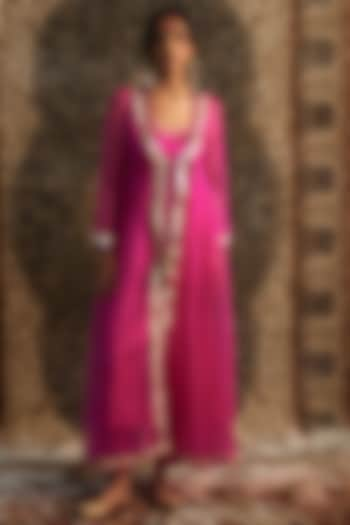 Rani Pink Organza Hand Embroidered Sheer Choga Kurta Set by Charkhee