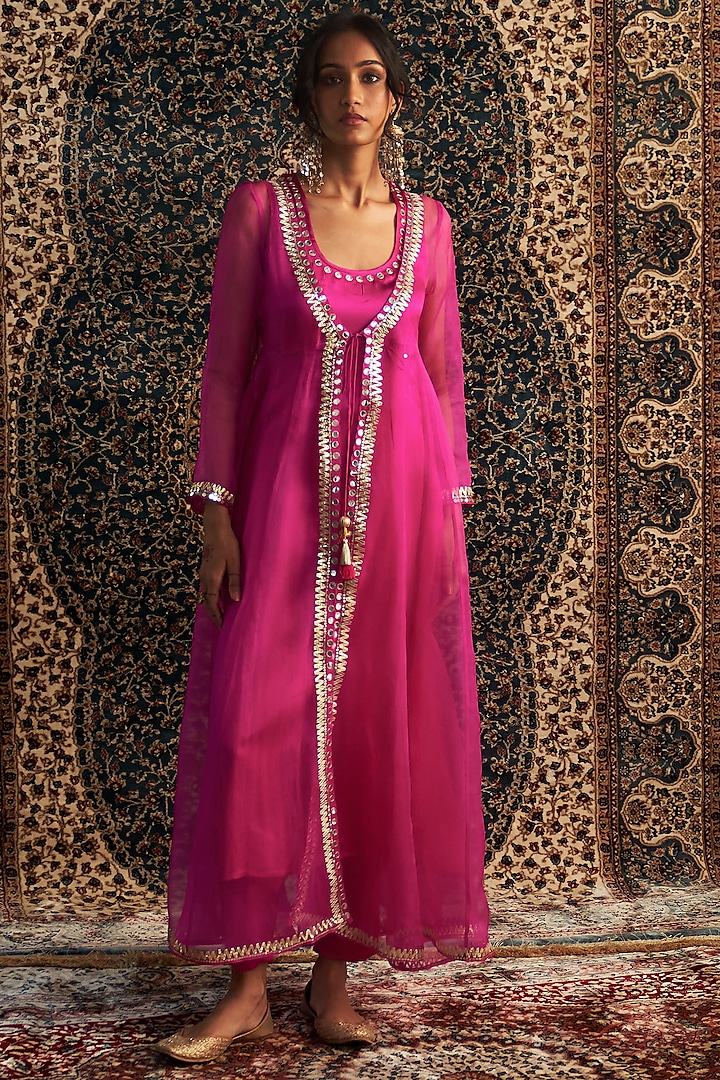 Rani Pink Organza Hand Embroidered Sheer Choga Kurta Set by Charkhee